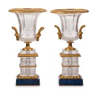 A Pair of Empire Style Gilt Bronze and Cut Glass Urns