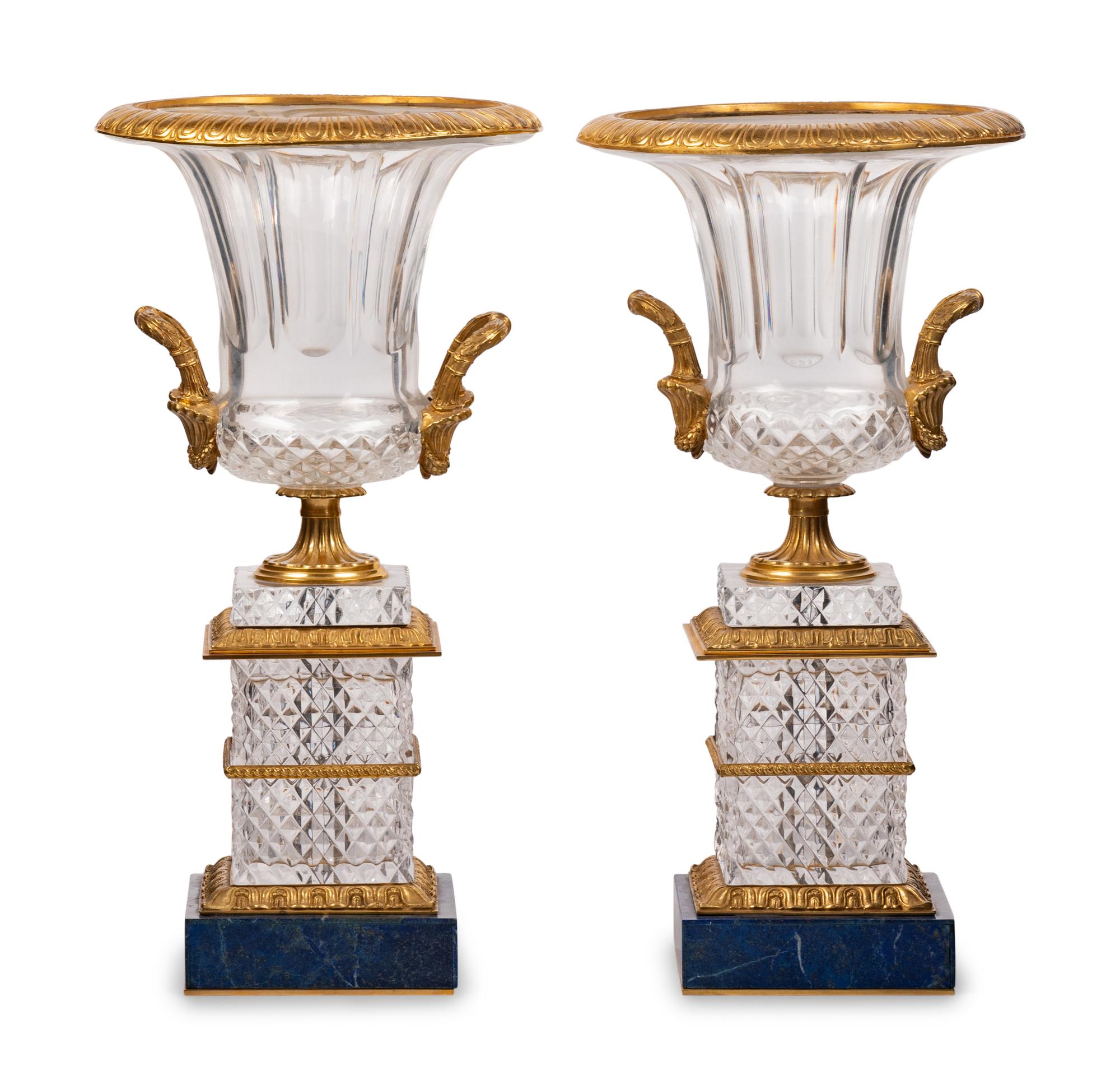 A Pair of Empire Style Gilt Bronze and Cut Glass Urns