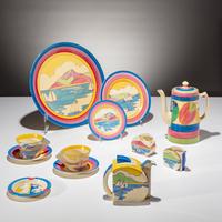Clarice Cliff (English, 1899–1972) — Gibraltar pattern , 9 pieces and one Melon pattern Coffee Tankard