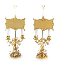A Pair of Louis XV Style Gilt Bronze and Porcelain Two-Light Candelabra — 19TH CENTURY