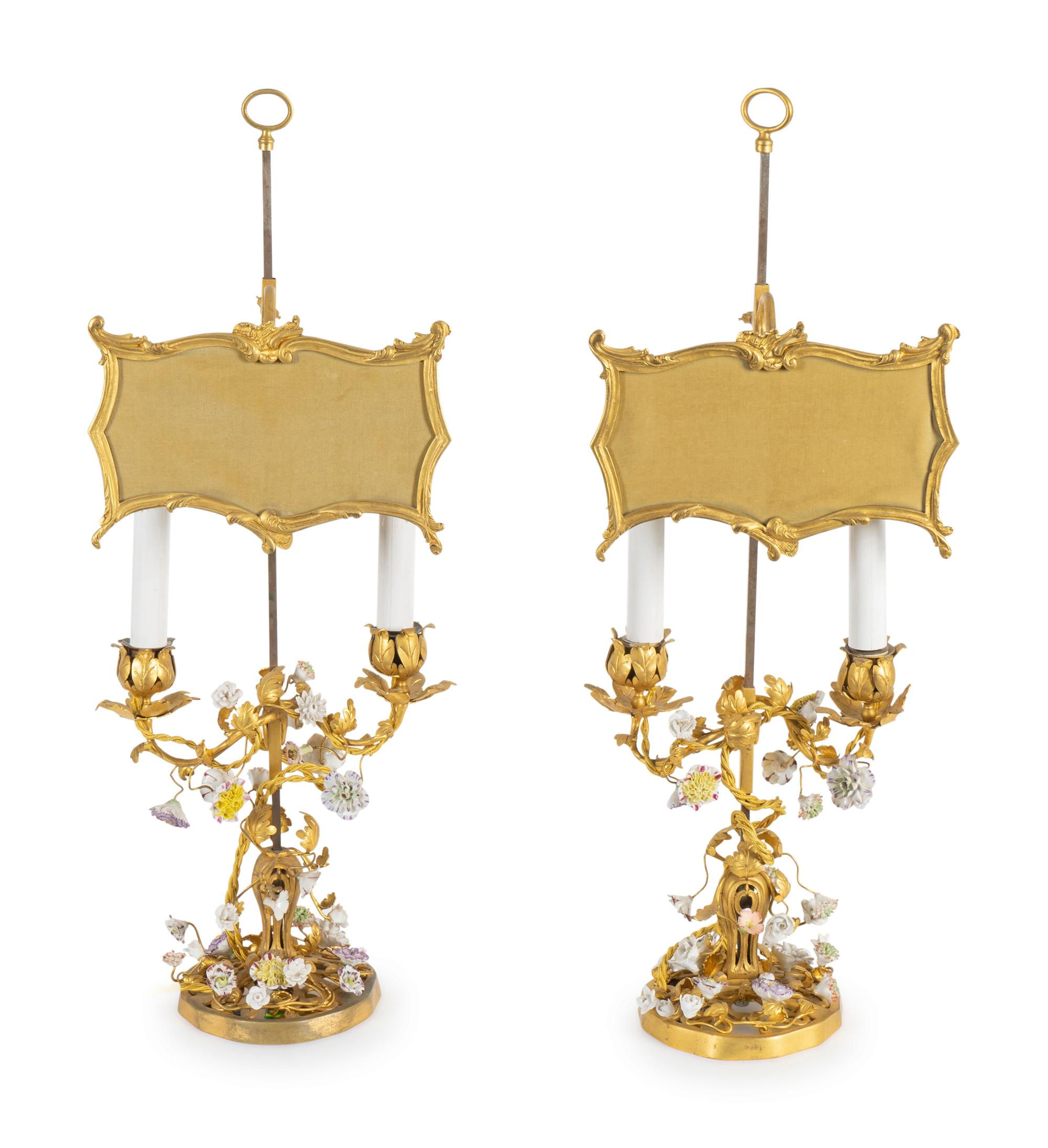 A Pair of Louis XV Style Gilt Bronze and Porcelain Two-Light Candelabra — 19TH CENTURY