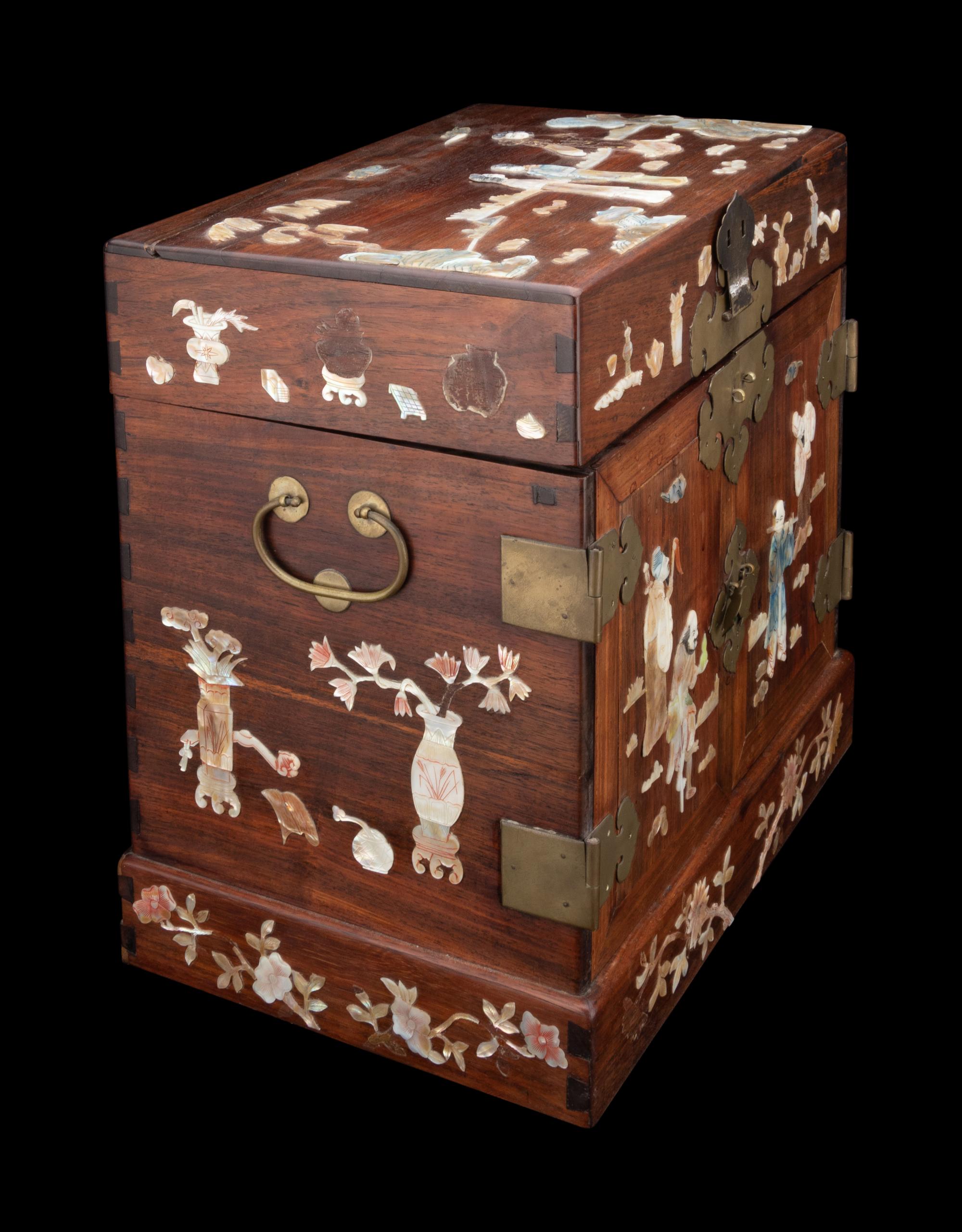 A Chinese Mother-of-Pearl Inlaid Huanghuali Seal Chest