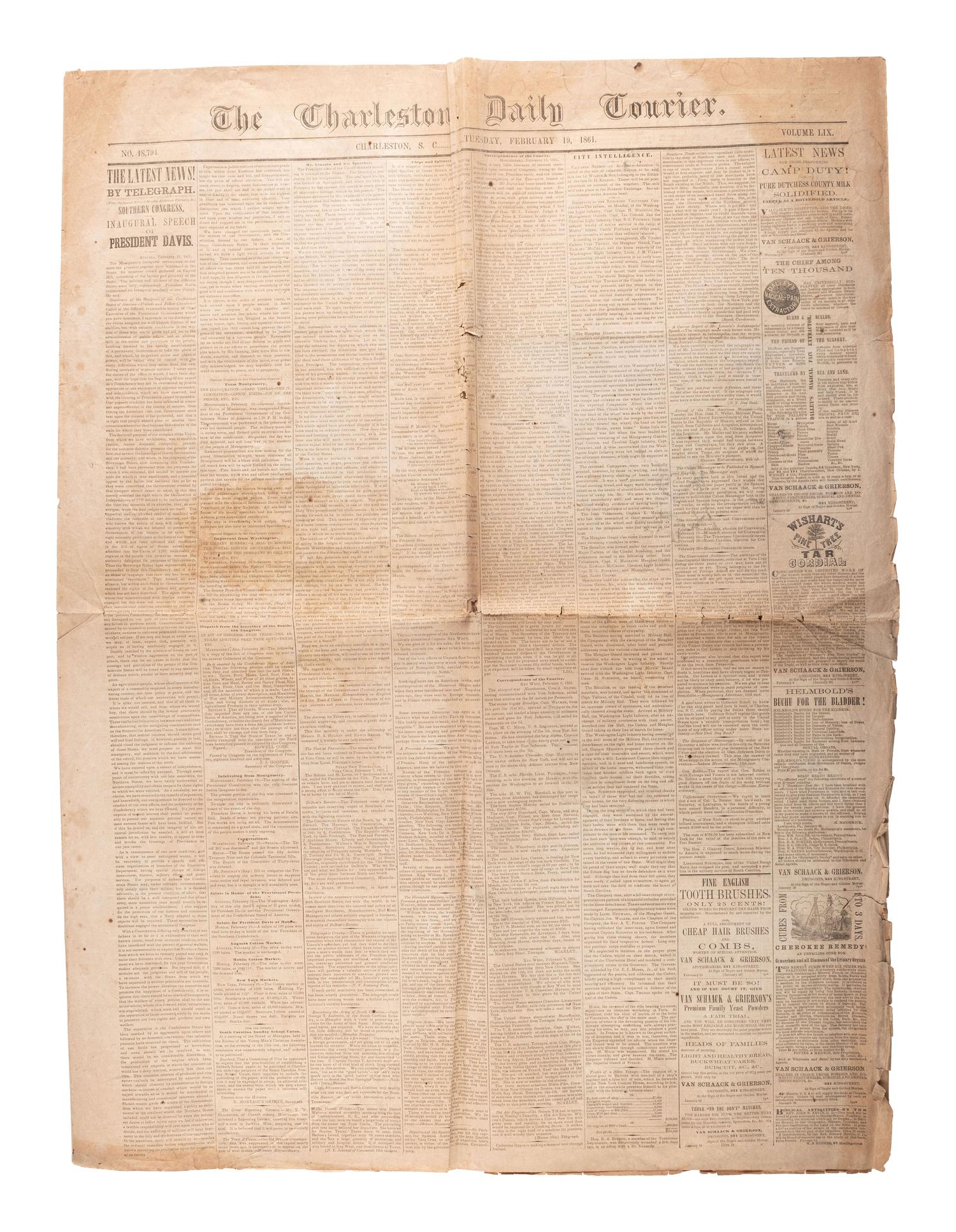 [CIVIL WAR]. Two complete large format issues of the Charleston Daily Courier featuring front-page Confederate reports of the inaugurations of Abraham Lincoln and Jefferson Davis.
