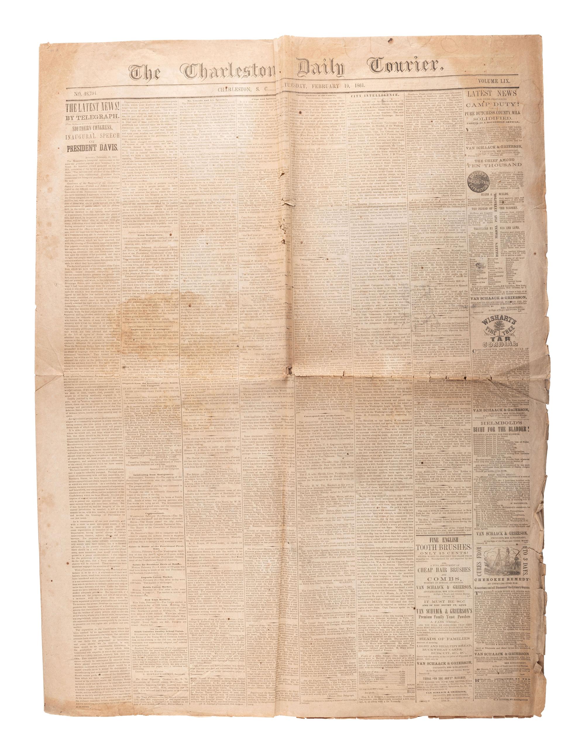 [CIVIL WAR]. Two complete large format issues of the Charleston Daily Courier featuring front-page Confederate reports of the inaugurations of Abraham Lincoln and Jefferson Davis.