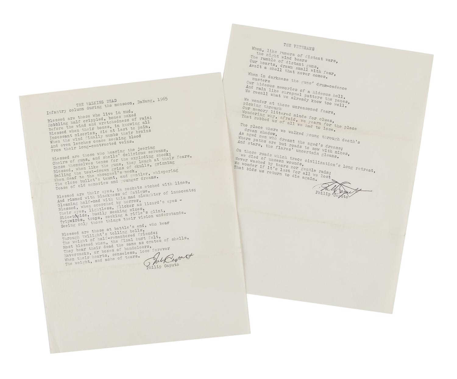CAPUTO, Philip (b. 1941). A collection of 2 typed poems signed with carbon copies ("Philip Caputo"), 2 autograph letters signed ("Phil"), and one typed letter signed ("Phil"), 2 December 1973 - 19 April 1977, a few typed and handwritten corrections. Together 15 pages, 4to, with two envelopes .