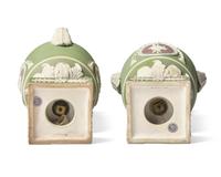 A Pair of Wedgwood Sage and Lilac Jasperware Twin Handled Urns