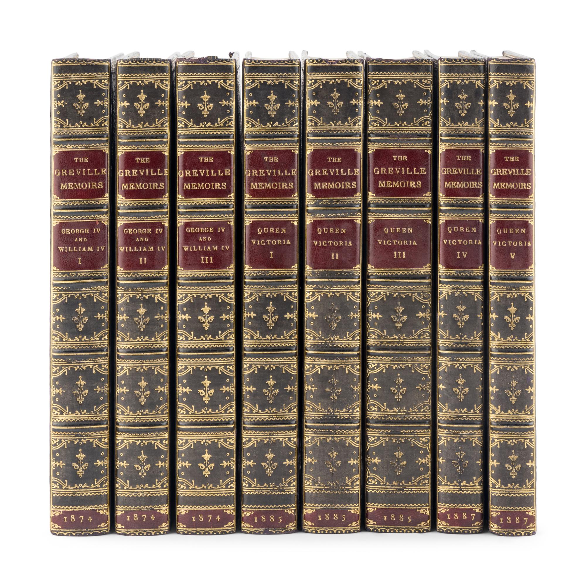 [BINDING]. GREVILLE, Charles Cavendish Fulke (1794-1865). [ The Greville Memoirs ]. A Journal of the Reigns of King George IV. And King William IV . 3 volumes. -- A Journal of the Reign of Queen Victoria from 1837 to 1852 . 3 volumes. -- A Journal of the Reign of Queen Victoria from 1852 to 1860 . 2 volumes. London: Longmans, Green, and Co., 1874, 1885, 1887.