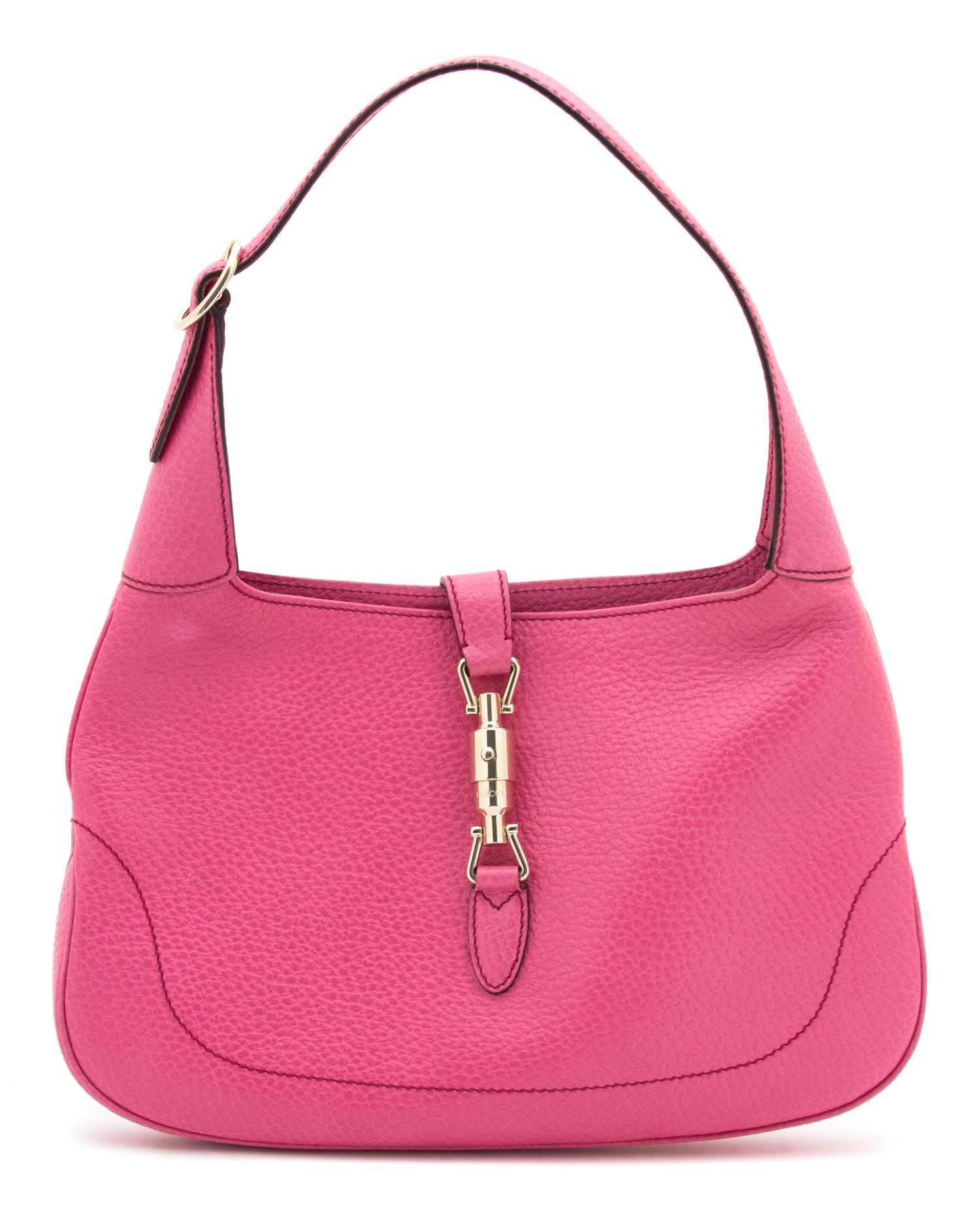 A Gucci Bright Pink Leather Jackie Handbag, 13" x 8" x 1.25"; Strap drop: 7".