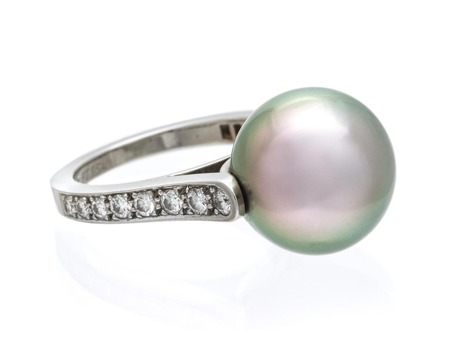 A Platinum, Cultured Tahitian Pearl and Diamond Ring, Cartier, 7.20 dwts.