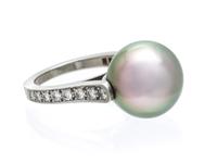 A Platinum, Cultured Tahitian Pearl and Diamond Ring, Cartier, 7.20 dwts.