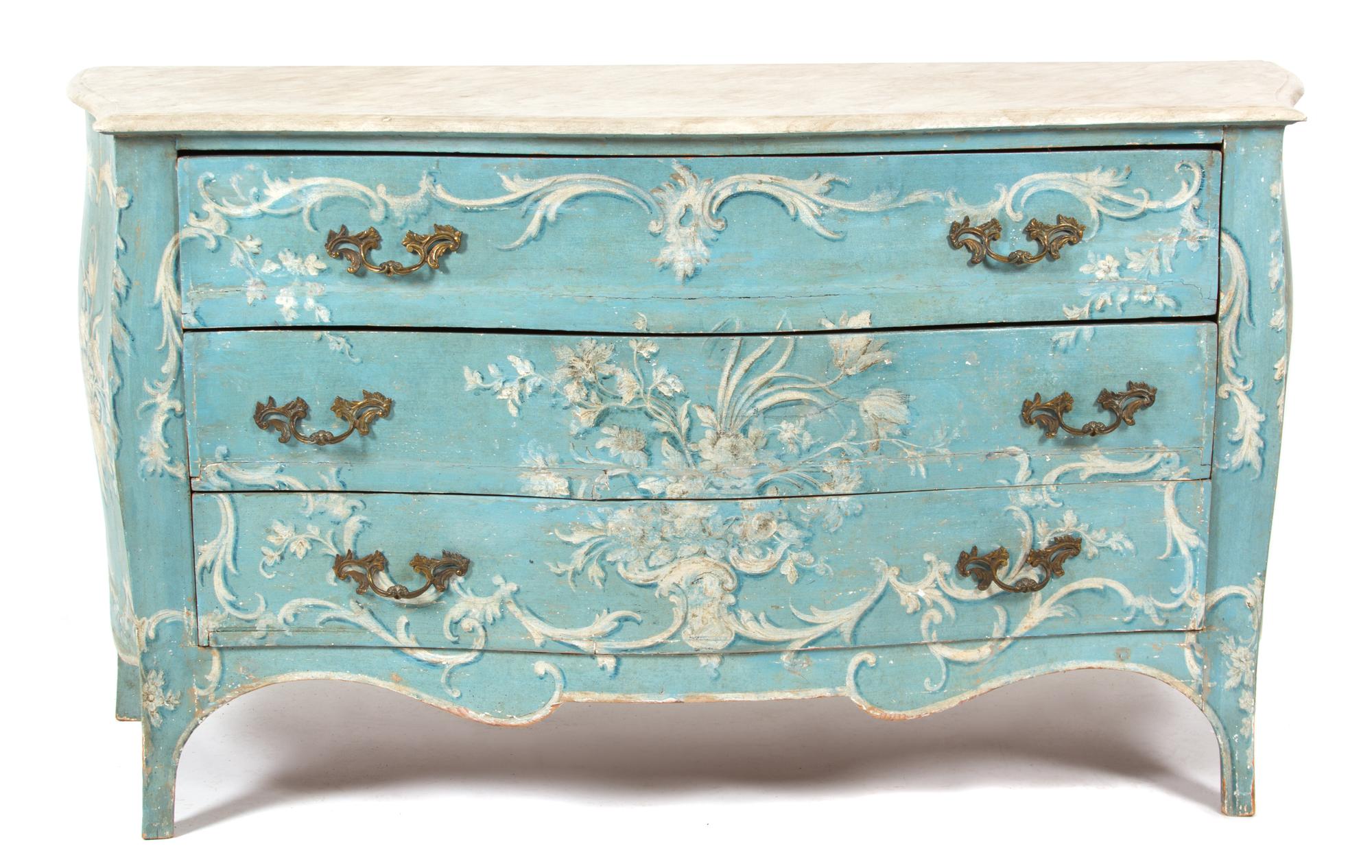 An Italian Painted Bombe Commode Height 33 3/4 x width 60 1/2 x depth 21 inches. — 19TH/20TH CENTURY