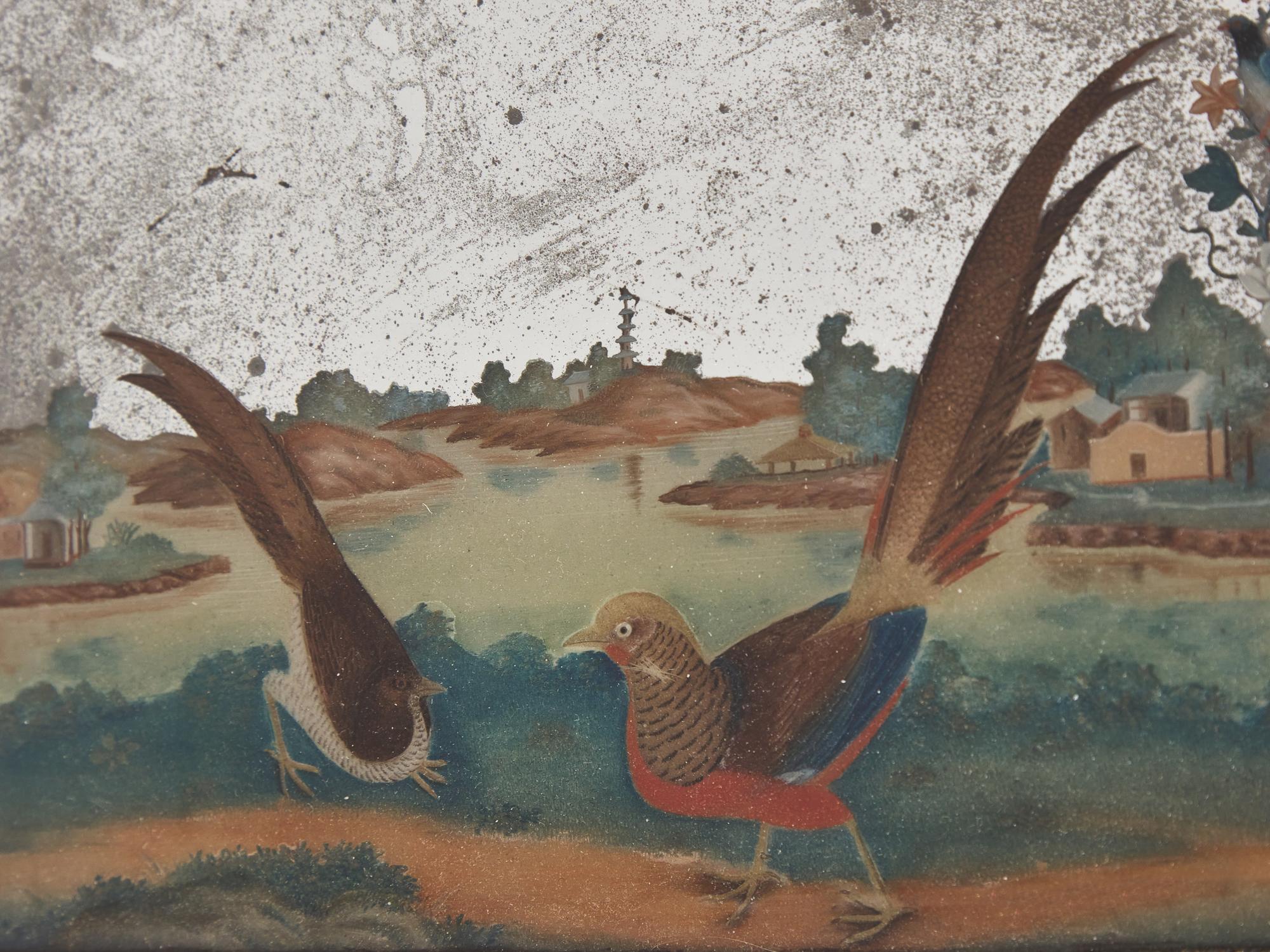 A Chinese Export Reverse Glass-Painted Mirror with Pheasant Decoration