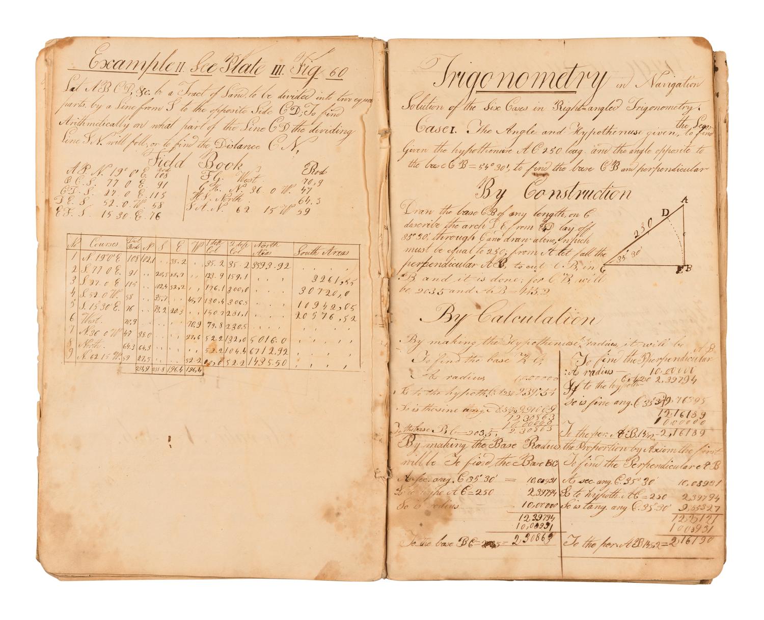 [MANUSCRIPT – SURVEYING]. Notebook containing surveying, navigation, and examples of practical arithmetic. Mystic River, CT, 1860.