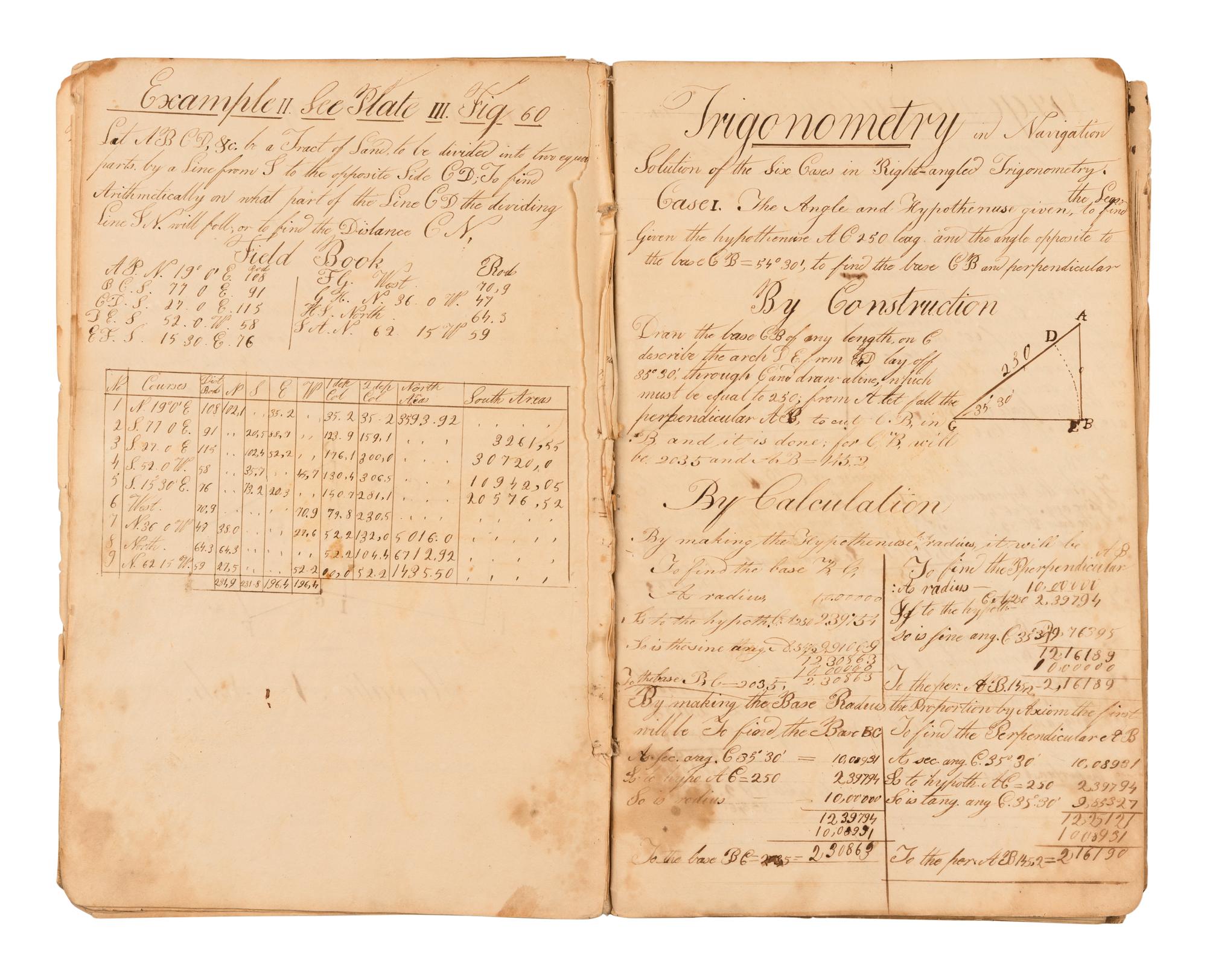 [MANUSCRIPT – SURVEYING]. Notebook containing surveying, navigation, and examples of practical arithmetic. Mystic River, CT, 1860.