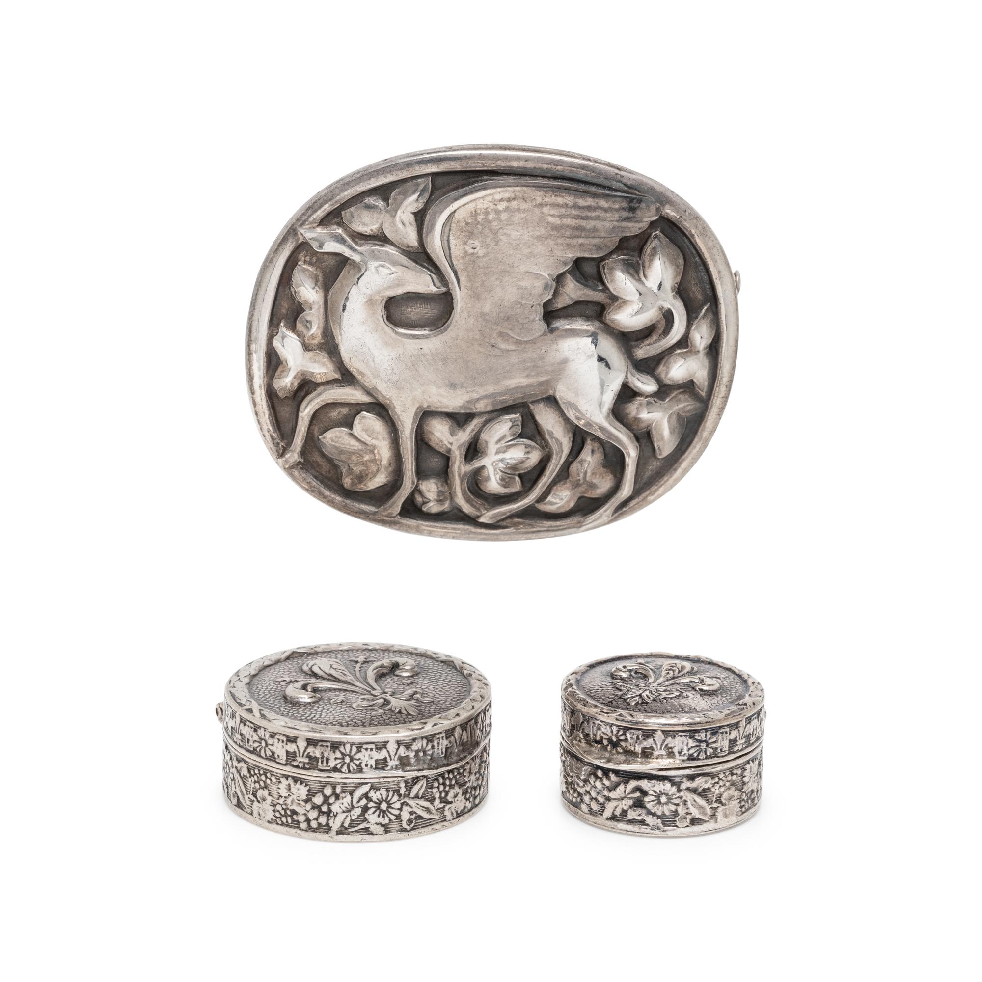 TWO FRATELLI PERUZZI PILL BOXES AND A GEORG JENSEN BROOCH