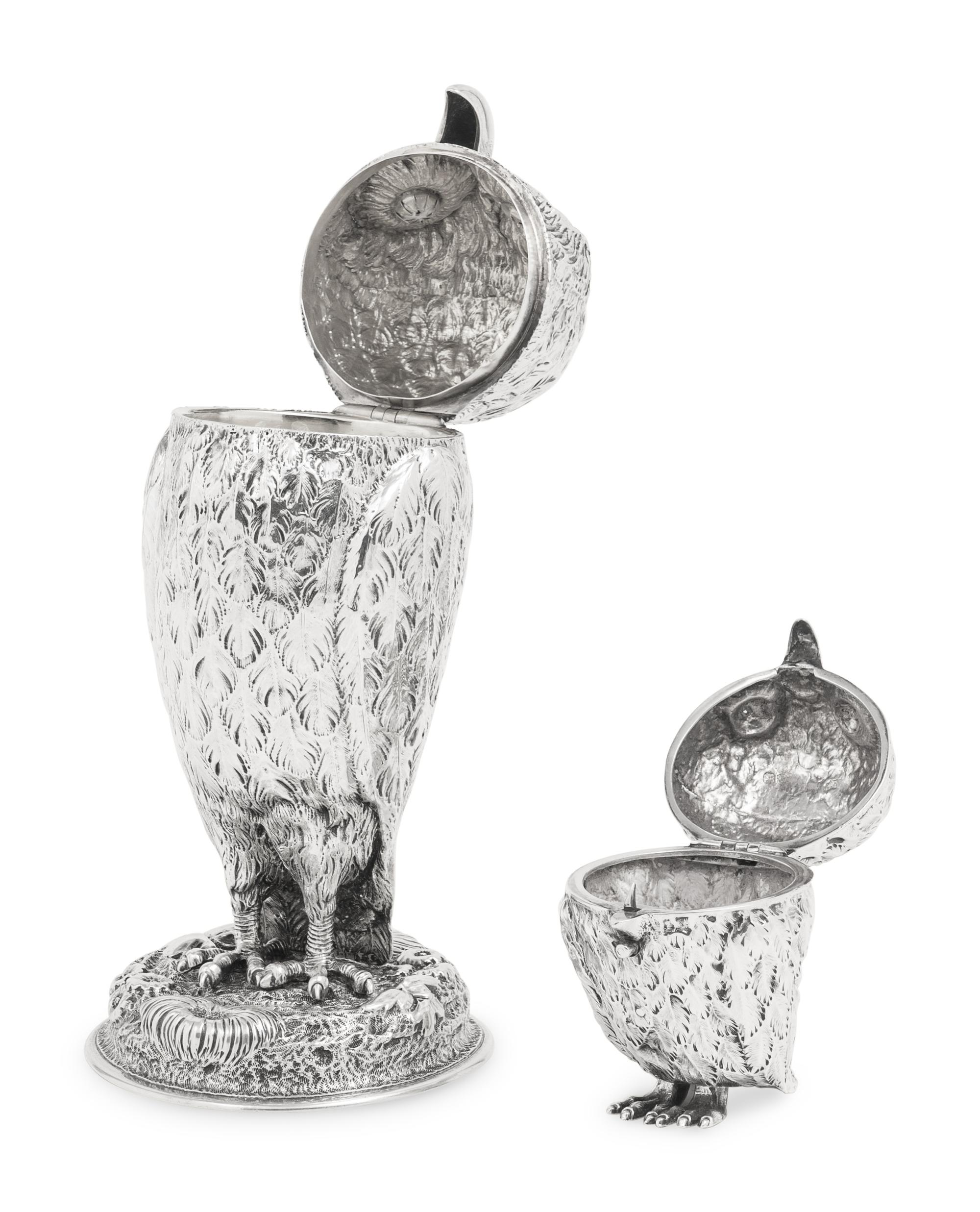 Three Silver Owl-Form Covered Canisters