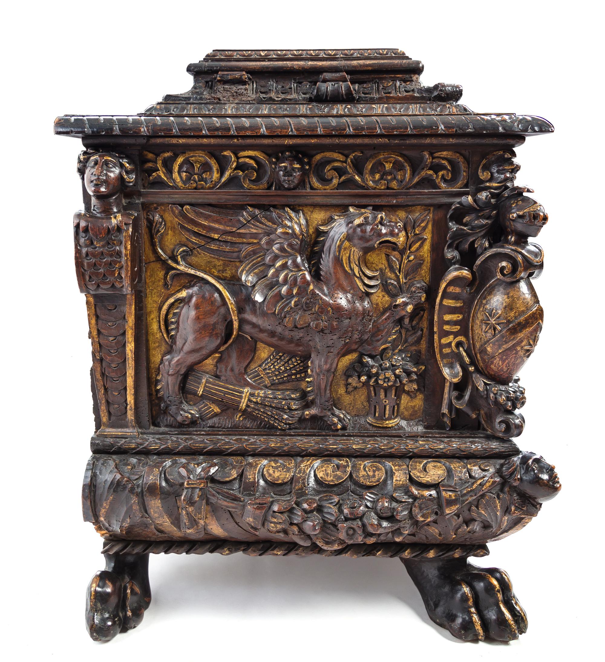 A Pair of Italian Renaissance Style Parcel Gilt Walnut Cassoni Height 32 x width 72 x depth 25 inches. — 19TH CENTURY WITH 17TH CENTURY ELEMENTS