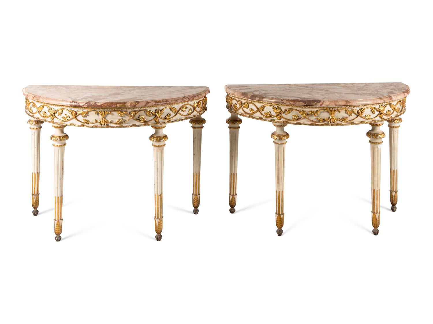 A Pair of North European Painted and Parcel-Gilt Console Tables