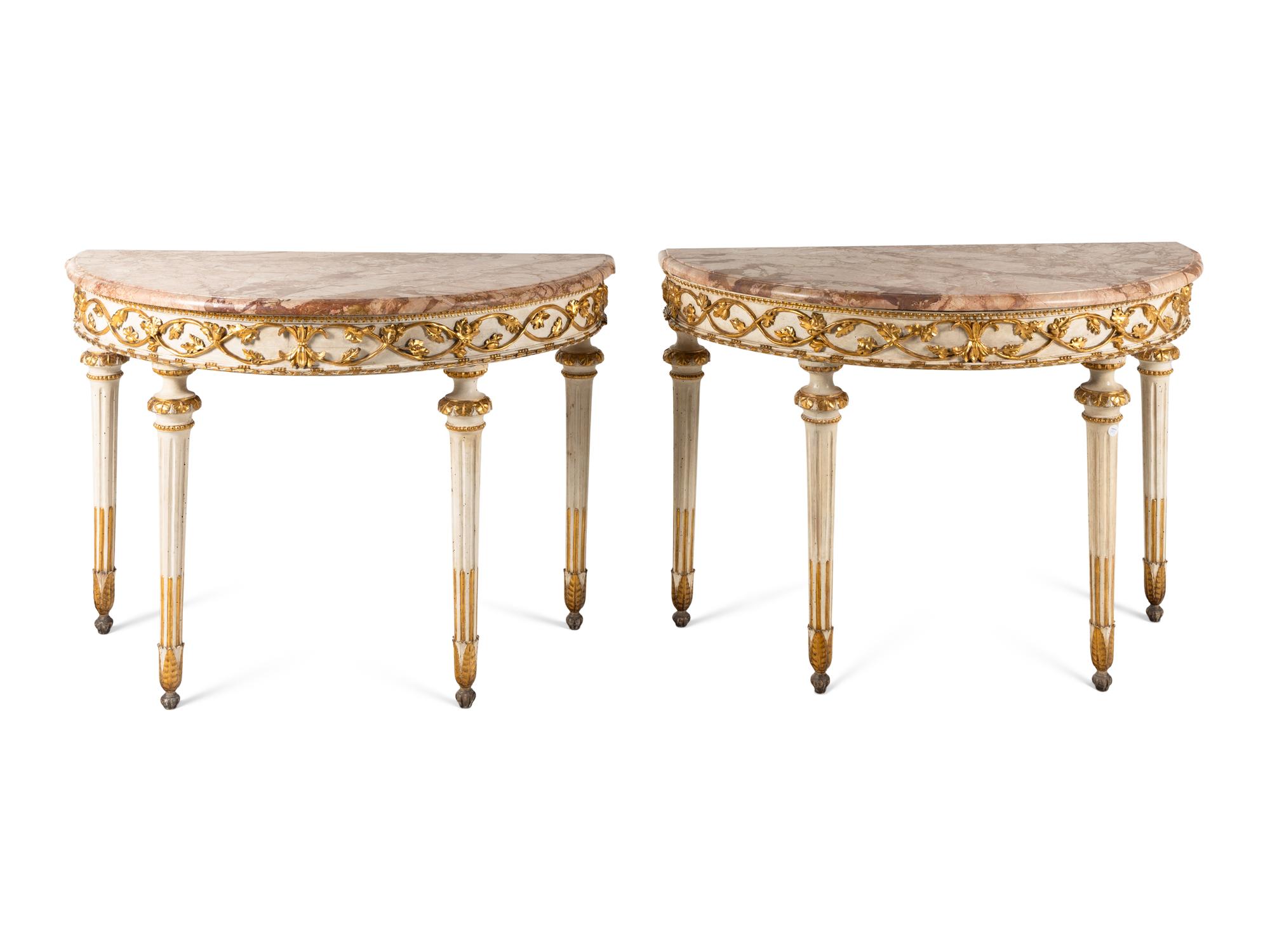 A Pair of North European Painted and Parcel-Gilt Console Tables