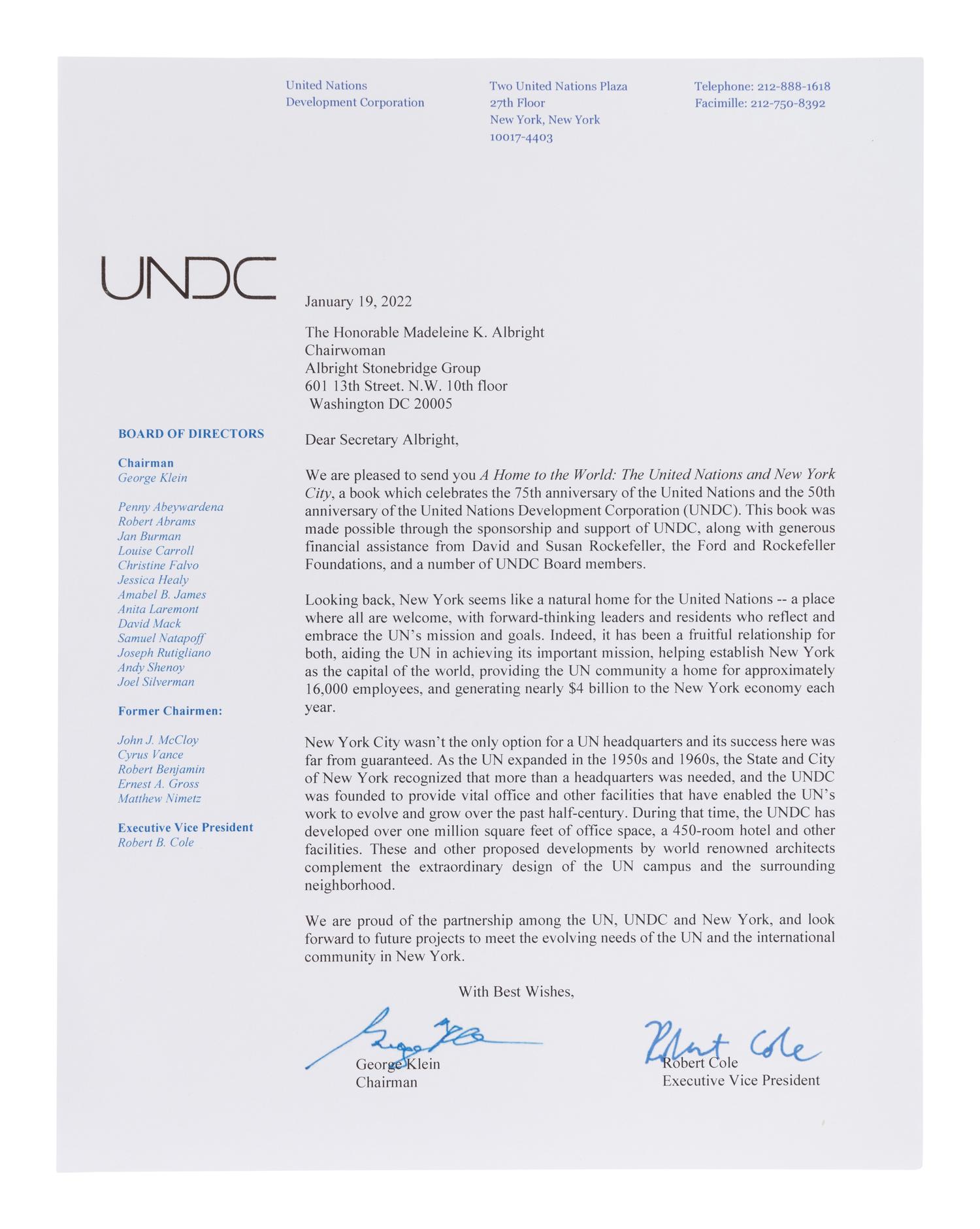 UNITED NATIONS A Home to the World: The United Nations and New York City . [2022]. FIRST EDITION. WITH A TYPED LETTER FROM THE UNITED NATIONS DEVELOPMENT CORPORATION.