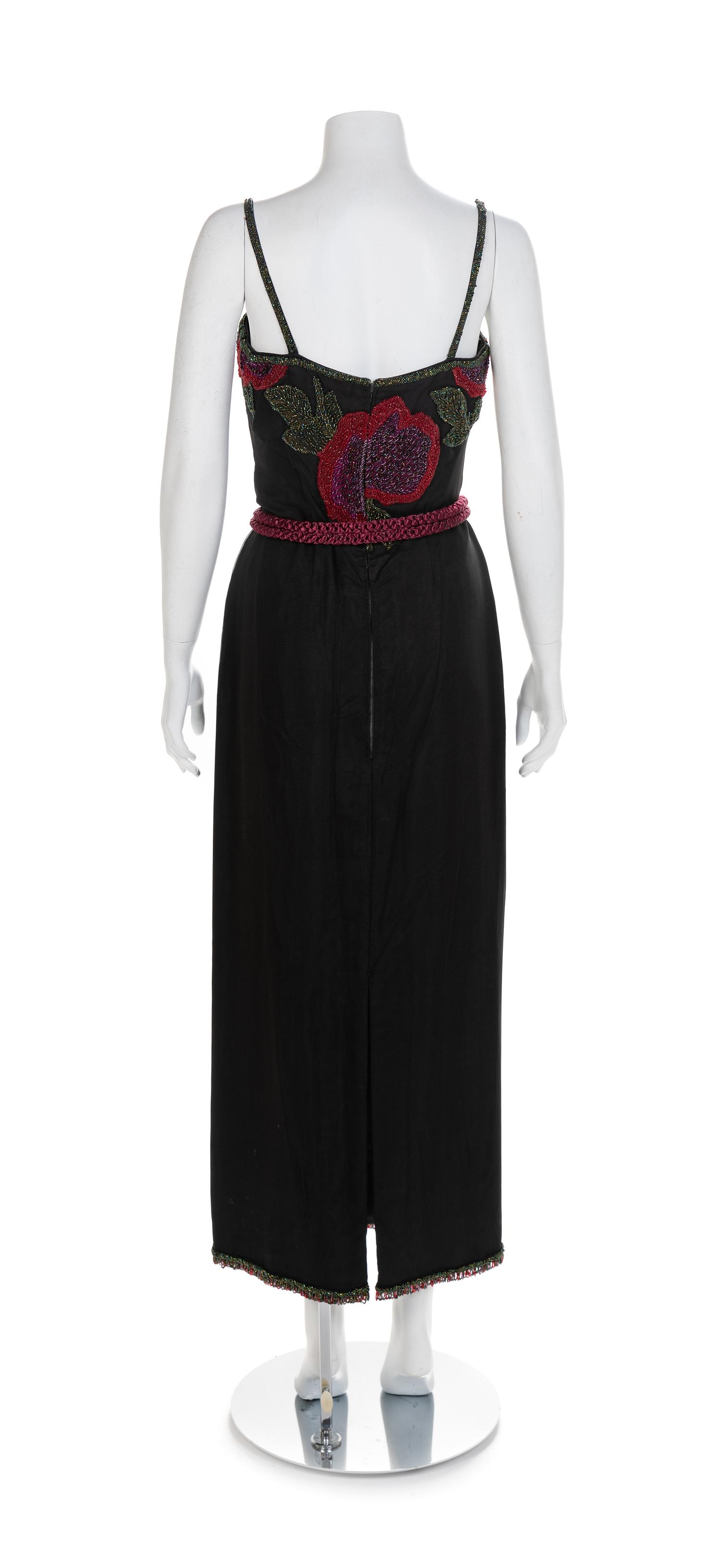 Beaded Flower Chiffon Long Dress with Matching Kimono and Belt, 1970-80s
