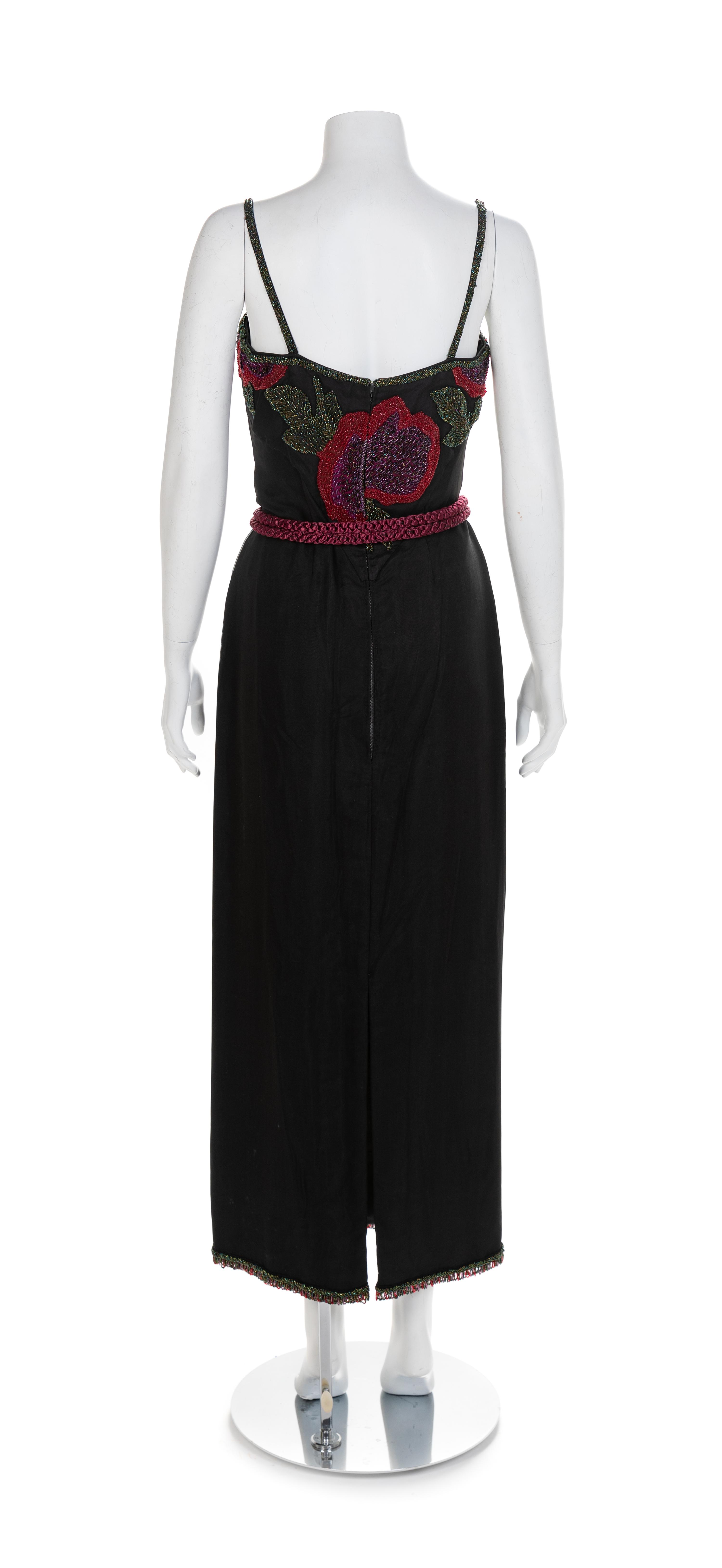 Beaded Flower Chiffon Long Dress with Matching Kimono and Belt, 1970-80s