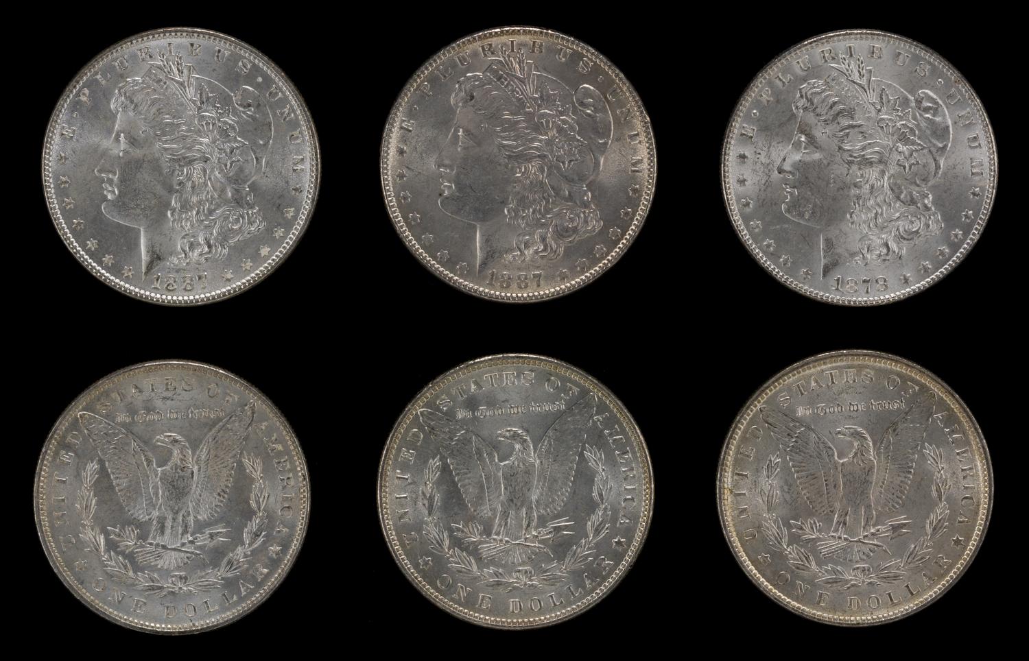 A Group of Six United States 1887 Morgan Silver Dollar Coins