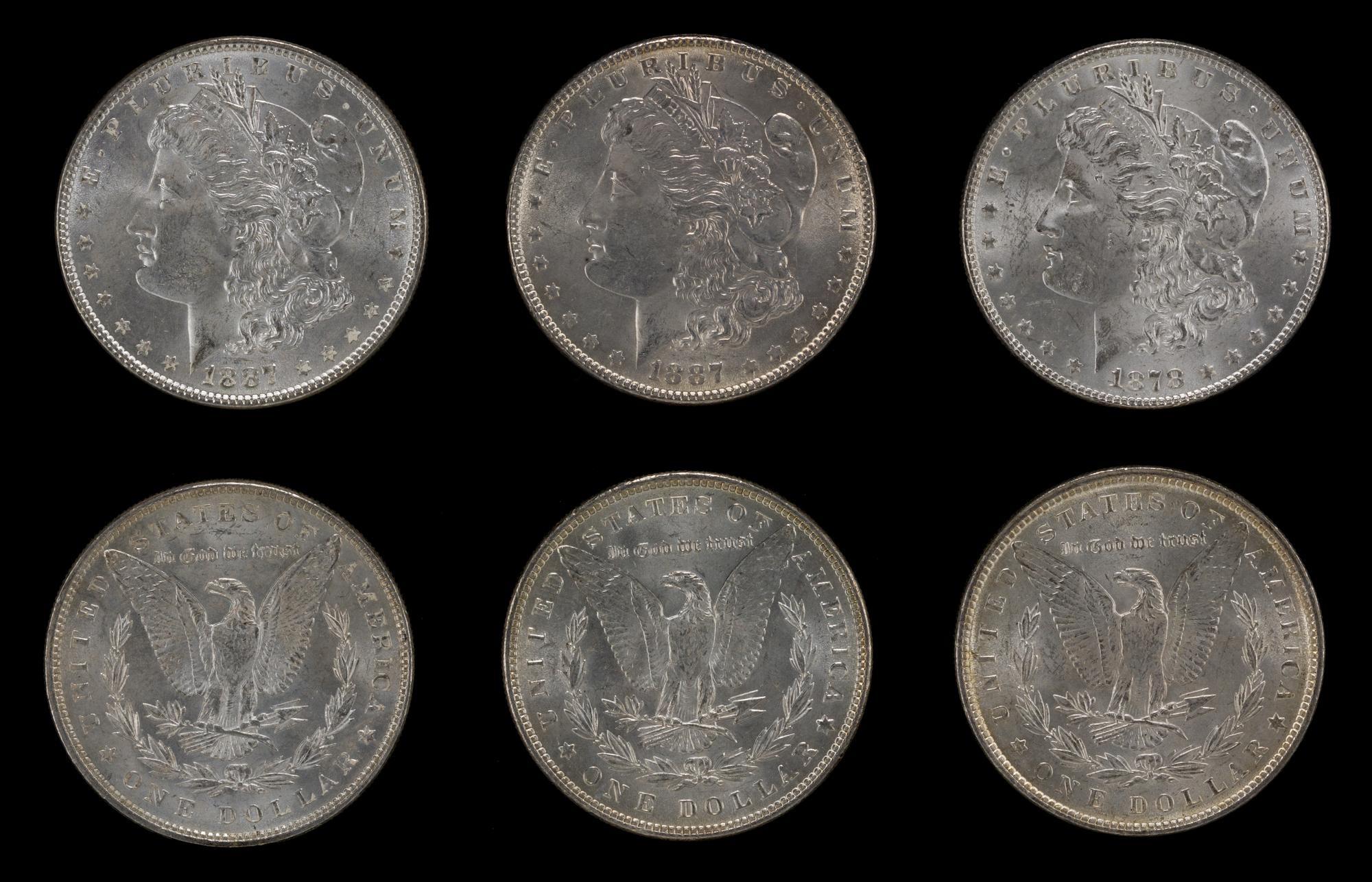 A Group of Six United States 1887 Morgan Silver Dollar Coins