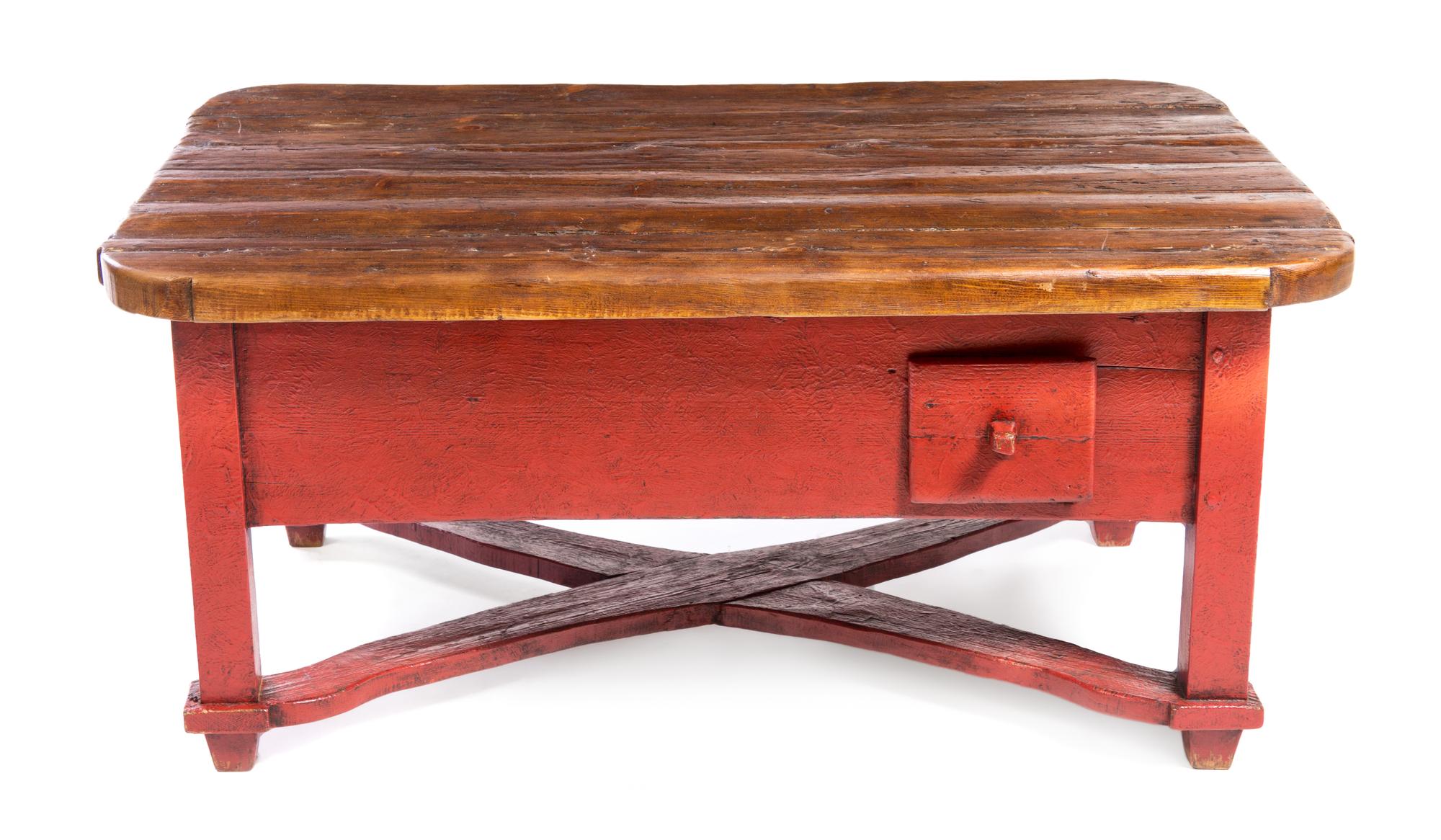 A Primitive Style Painted Low Table Height 21 3/4 x width 47 x depth 31 inches. — 20TH CENTURY WITH 17TH/18TH CENTURY ELEMENTS