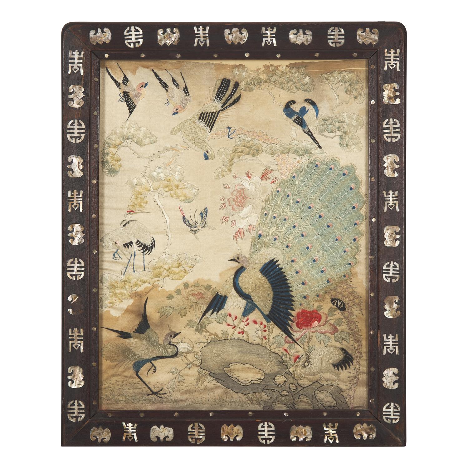 A Chinese Cantonese Embroidered Silk Inset Mother-of-Pearl Inlaid Rosewood Wall Panel, Late Qing Dynasty 清晚期 粵綉百鳥朝鳳圖挂屏