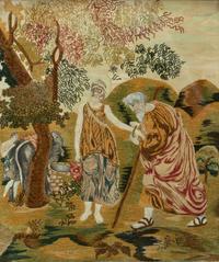 An English Silkwork Embroidered Picture of Rebecca and Eliezer at the Well