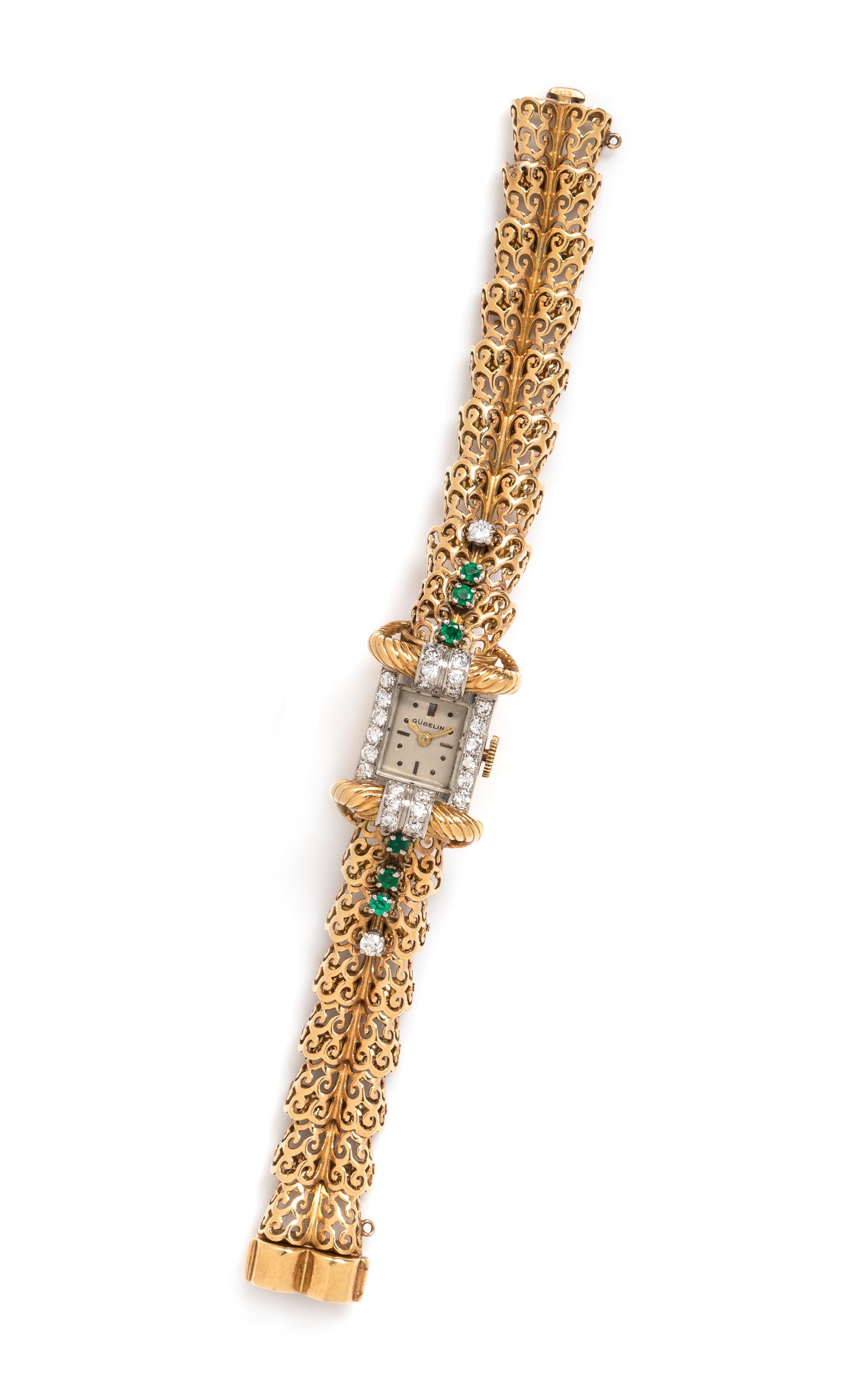 A Retro 18 Karat Yellow Gold, Platinum, Diamond and Emerald Wristwatch, Gubelin,