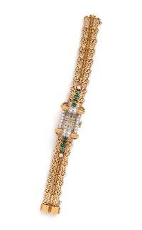 A Retro 18 Karat Yellow Gold, Platinum, Diamond and Emerald Wristwatch, Gubelin,