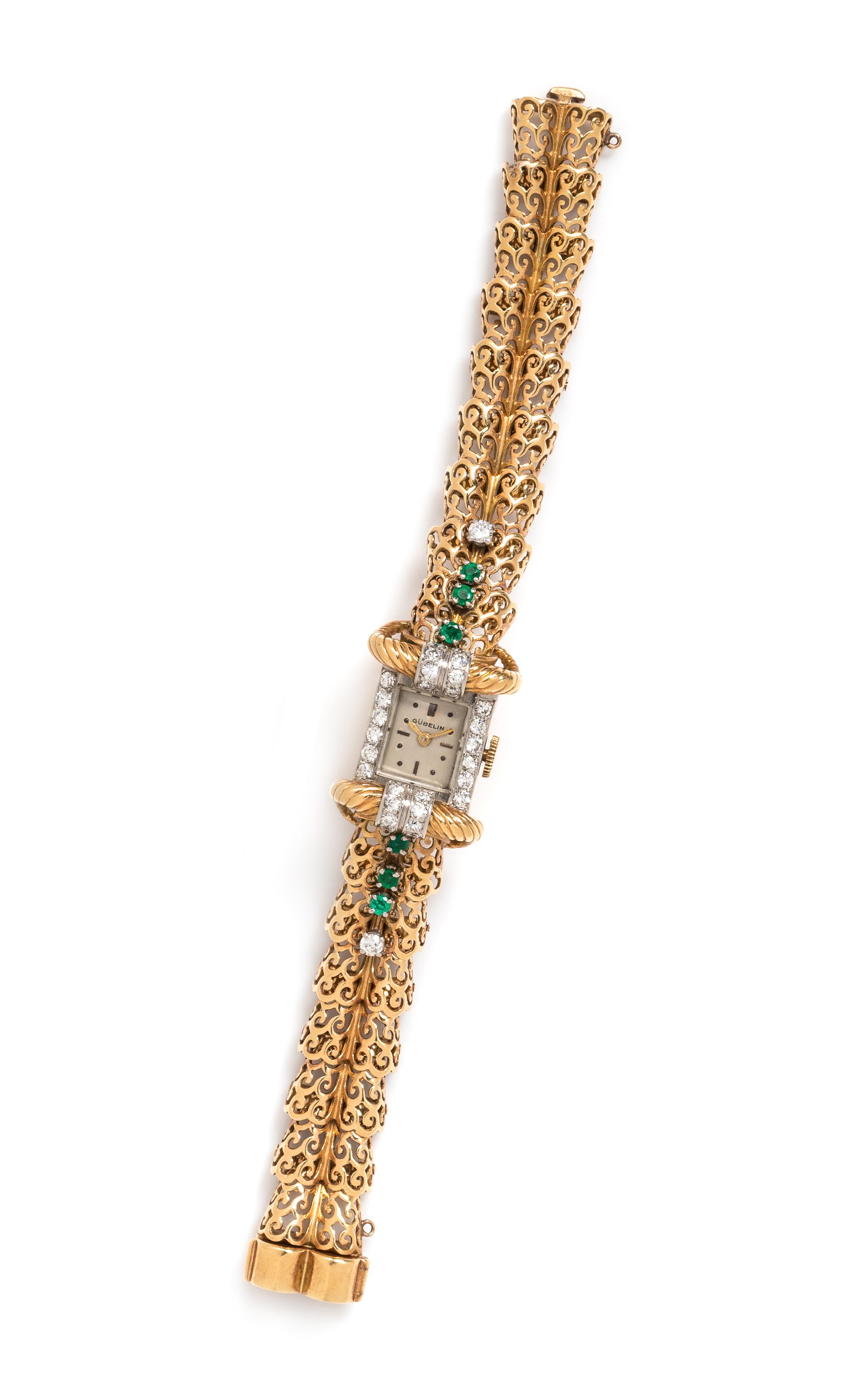 A Retro 18 Karat Yellow Gold, Platinum, Diamond and Emerald Wristwatch, Gubelin,
