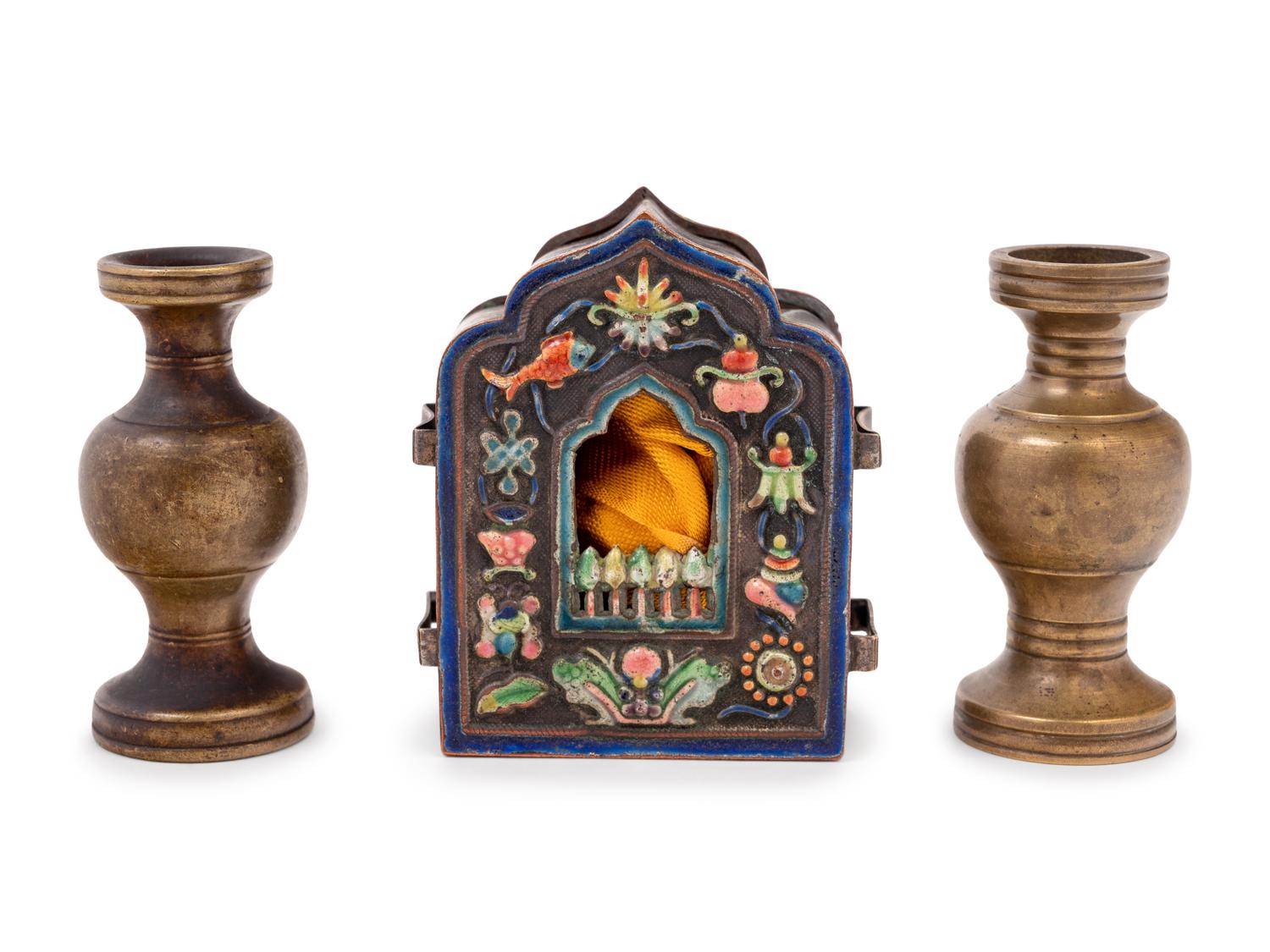 A Small Chinese Enamel on Metal Shrine and A Pair of Chinese Miniature Metal Vases
