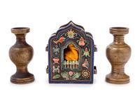 A Small Chinese Enamel on Metal Shrine and A Pair of Chinese Miniature Metal Vases