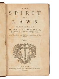 MONTESQUIEU, Charles Secondat, Baron de (1689-1755). The Spirit of Laws . Thomas Nugent, translator. London: J. Nourse and P. Vaillant, 1750.