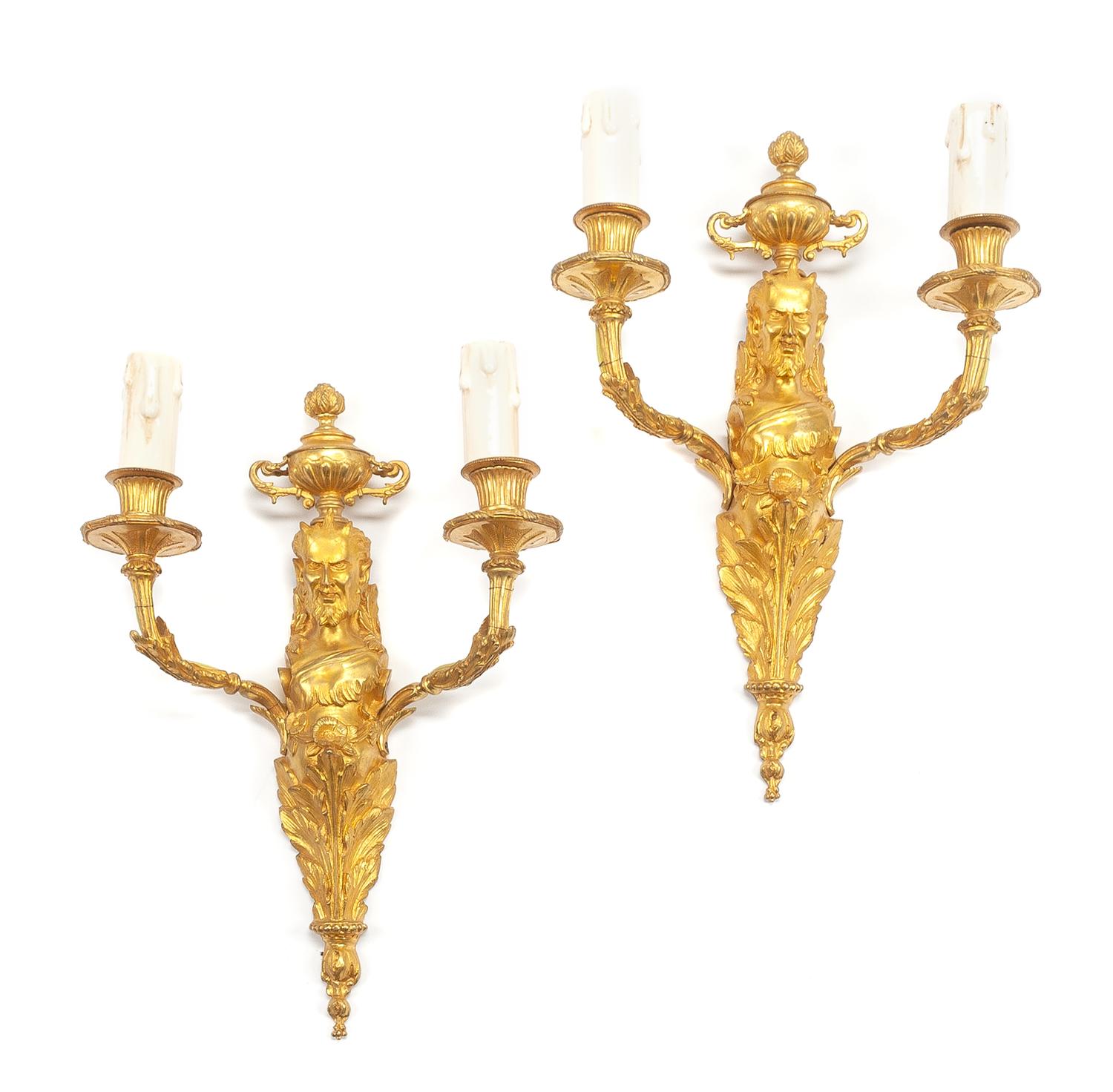 A Pair of Neoclassical Gilt Bronze Two-Light Figural Sconces Height 16 1/2 inches.