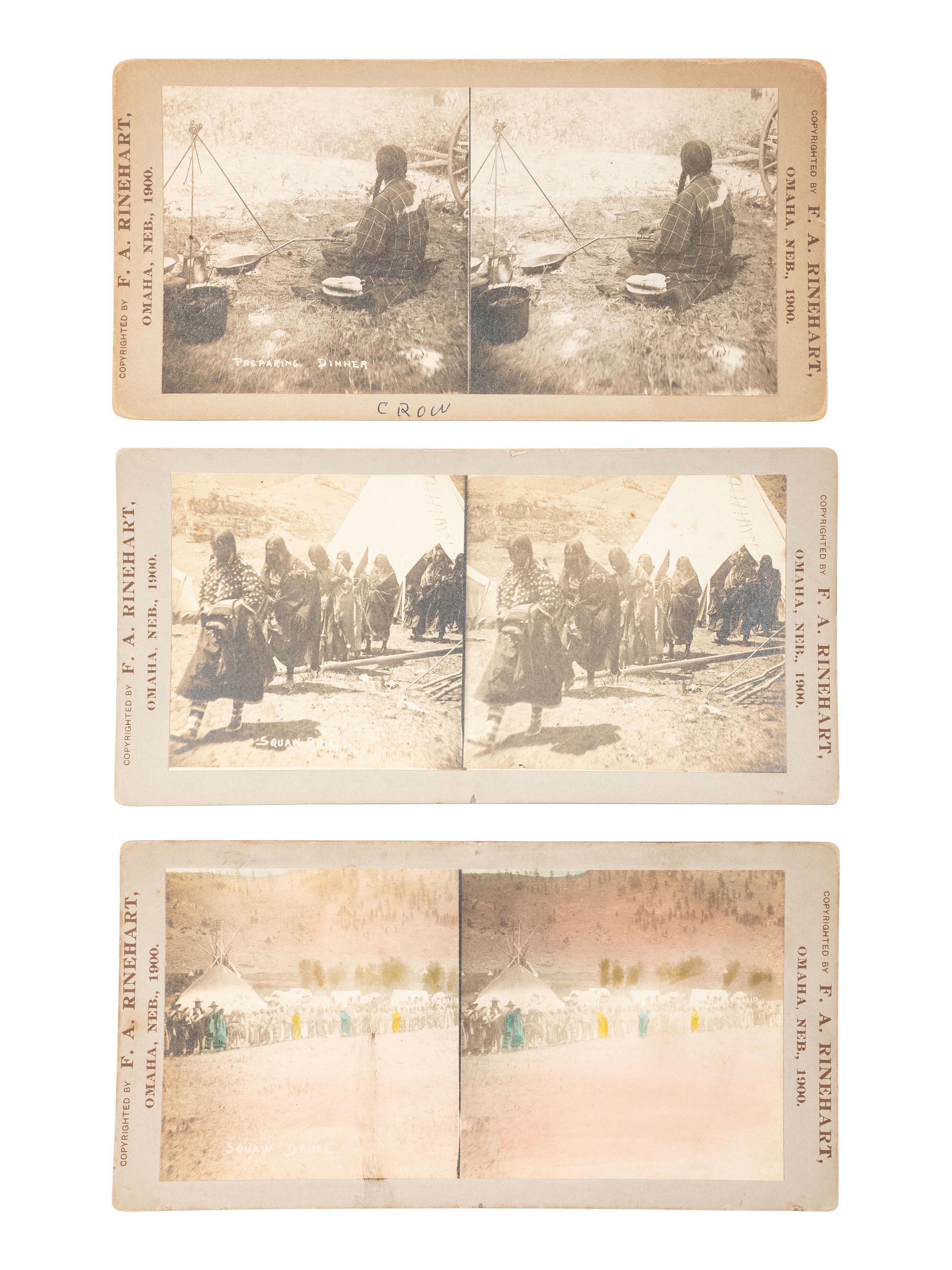 [NATIVE AMERICANS]. RINEHART, F.A., photographer. 3 stereoviews of Native American subjects.