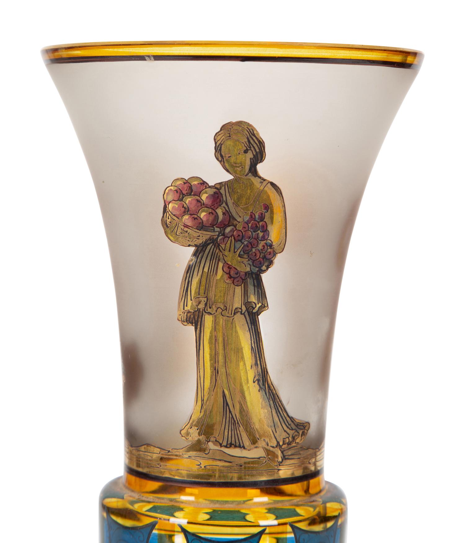 A Continental Polychromed and Gilt Decorated Glass Vase