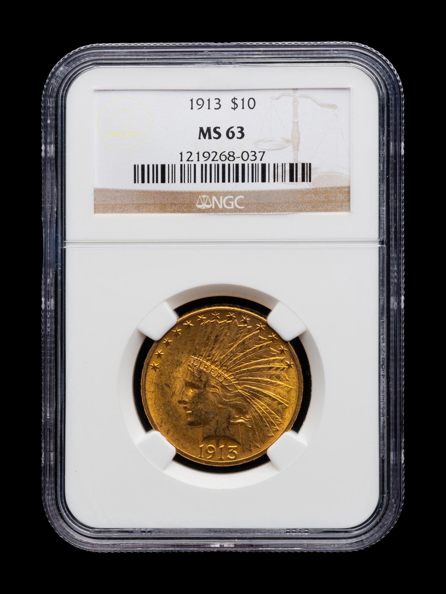 A 1913 Indian Head $10 Gold Coin (NGC MS63)