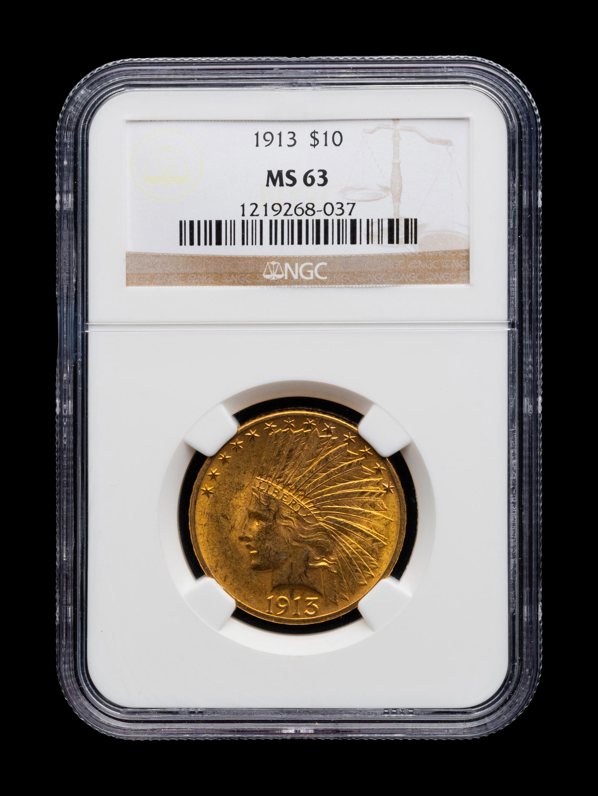A 1913 Indian Head $10 Gold Coin (NGC MS63)