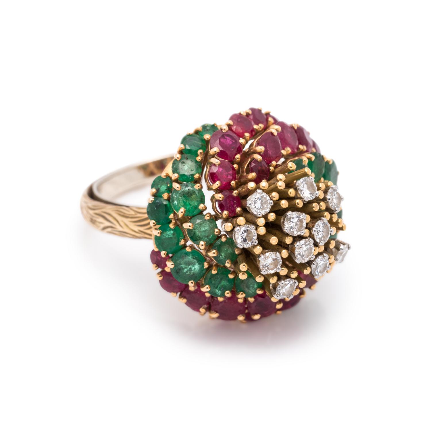 DIAMOND, RUBY AND EMERALD RING