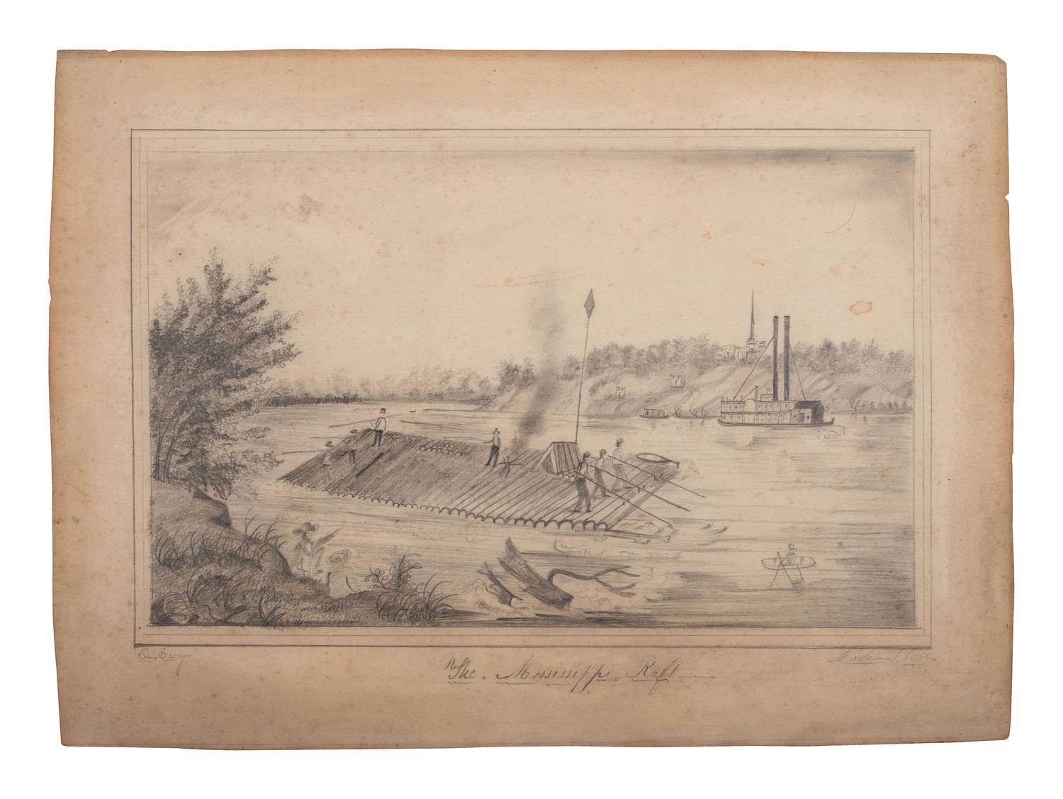 [GENERAL AMERICANA]. Pencil sketch of Mississippi River scene, 1860.
