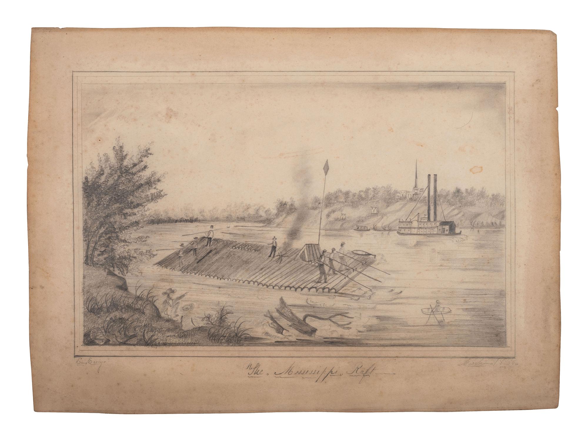 [GENERAL AMERICANA]. Pencil sketch of Mississippi River scene, 1860.