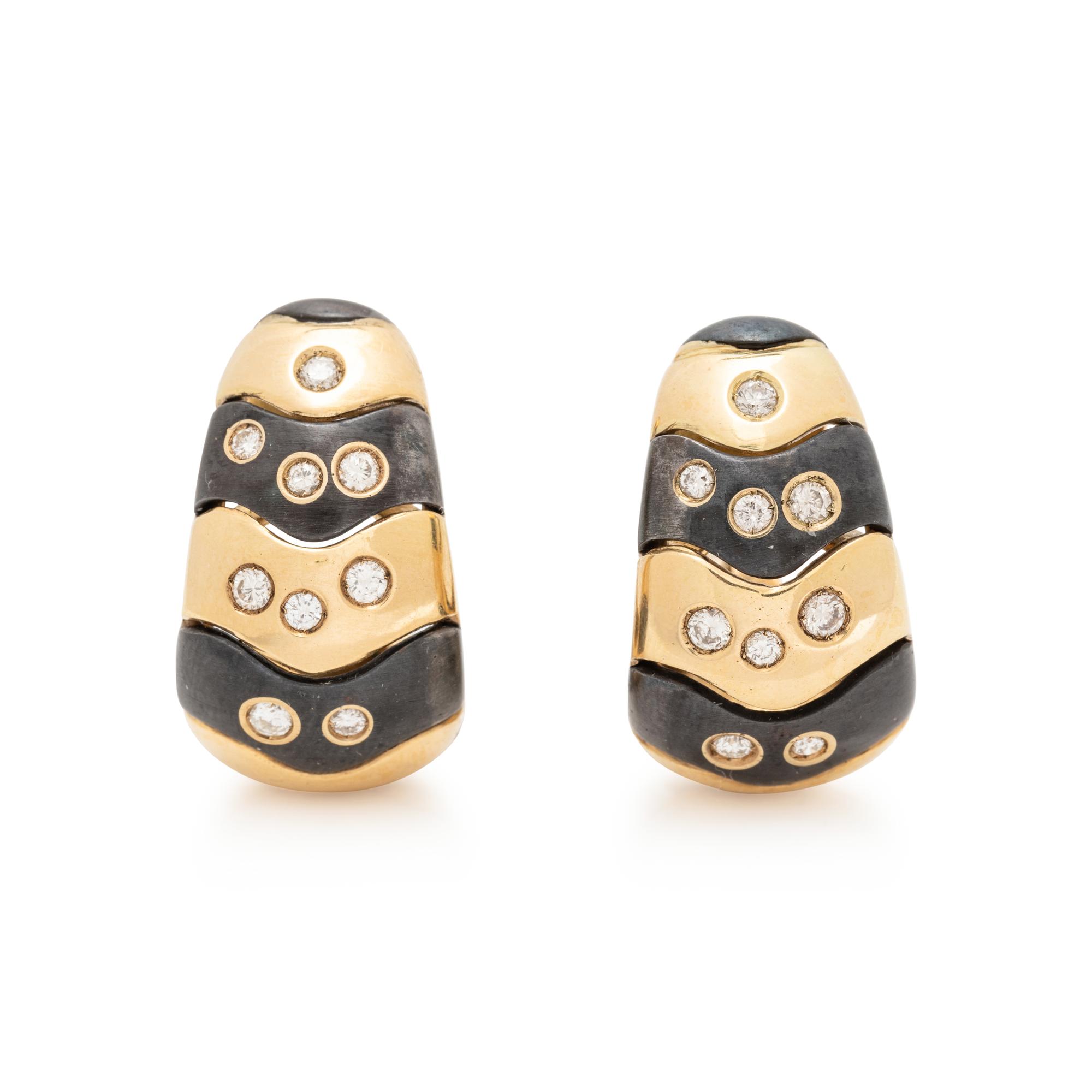 BULGARI, YELLOW GOLD, BLACKENED STEEL AND DIAMOND CLIP EARRINGS