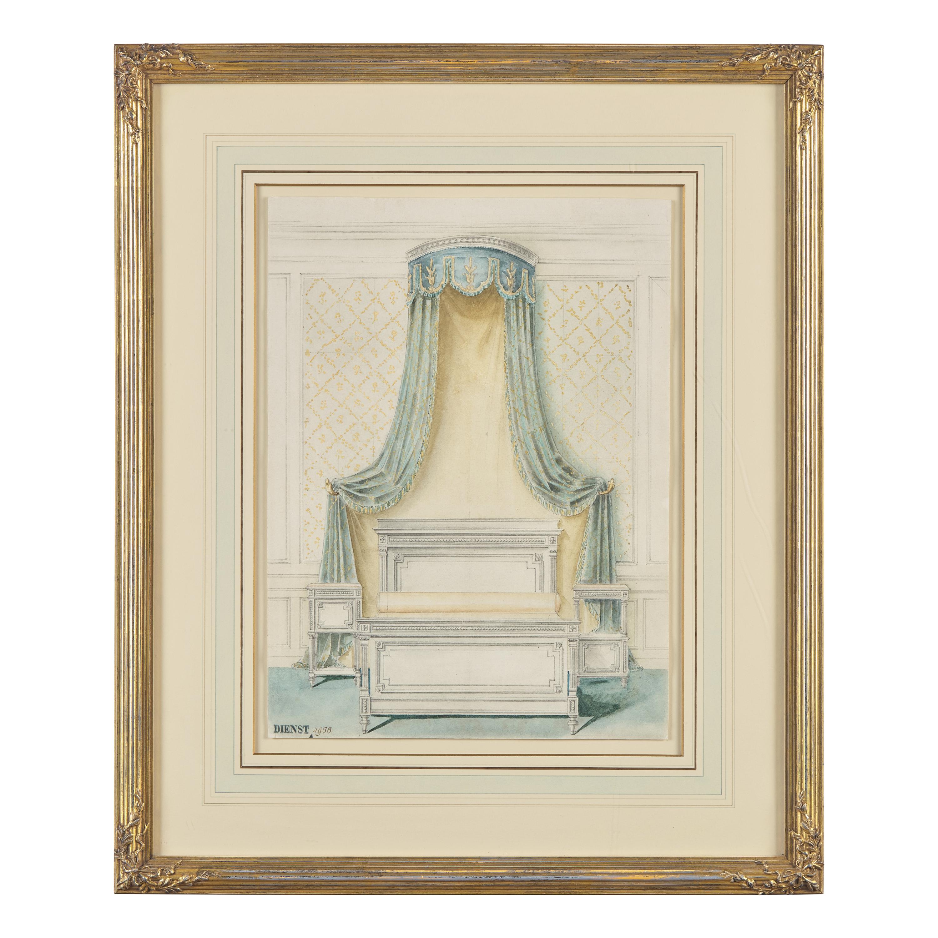 Attributed to Eugène Dienst (French, 19th Century), A Group of Six Hand-Drawn and Painted Studies of French Interiors