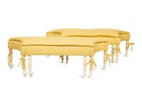 A Pair of Regency Style White Painted Benches with Yellow Linen Upholstered Seats — 20TH/21ST CENTURY