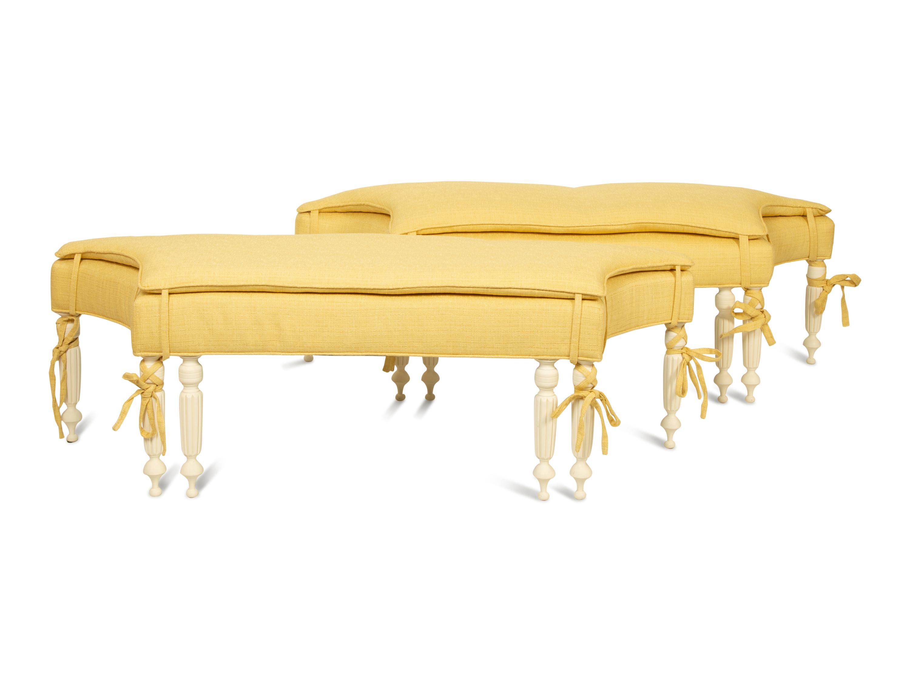A Pair of Regency Style White Painted Benches with Yellow Linen Upholstered Seats — 20TH/21ST CENTURY