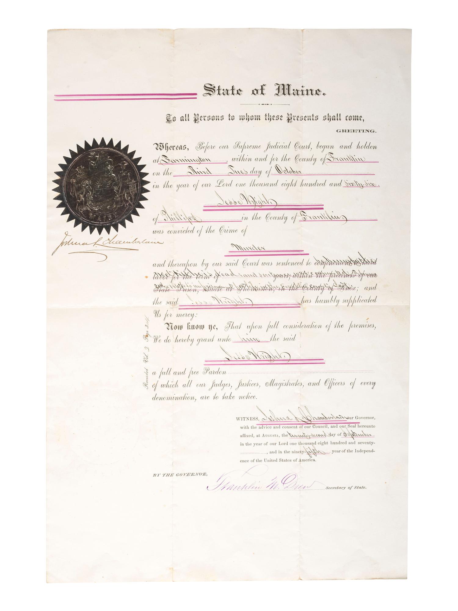 [CIVIL WAR]. CHAMBERLAIN, Joshua L. (1828-1914). Pardon of a murderer signed ("Joshua L. Chamberlain") as Governor of Maine, 22 September 1870.